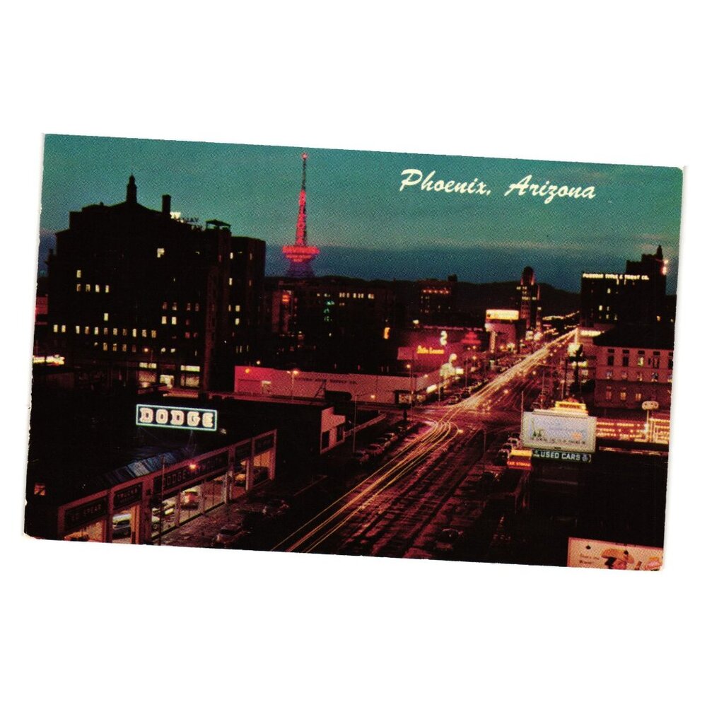 Vintage Downtown Phoenix Arizona Night Scene Postcard By Petley Studios Unused